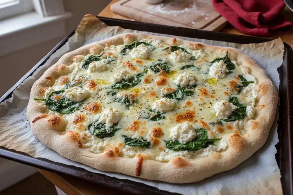 Pizza blanche garnie d'épinards frais et de généreuses touches de ricotta crémeuse, le tout sur une pâte dorée. Un délice !