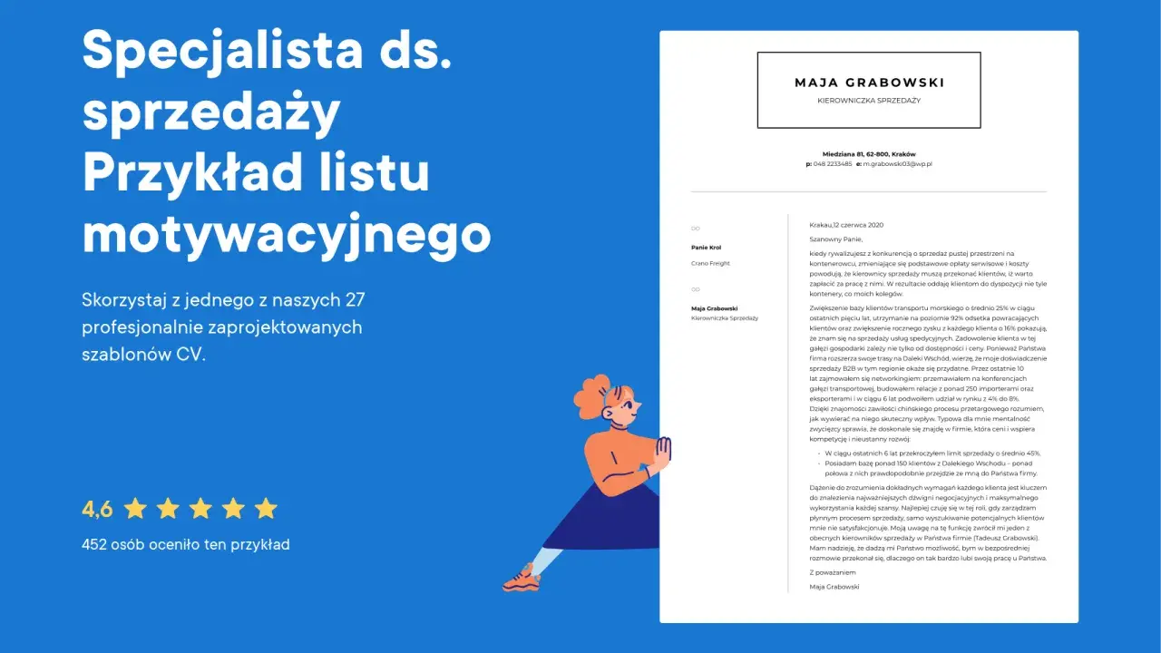Szablon listu motywacyjnego dla specjalisty ds. sprzedaży, kod zawodu: kierownik sprzedaży.