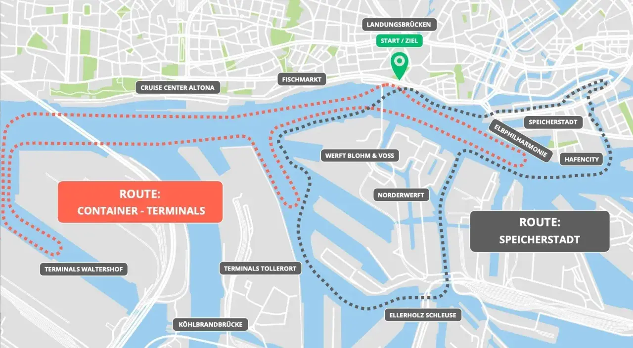 Karte des Hamburger Hafens mit Routen für Container-Terminals und Speicherstadt. Perfekt für deinen Hamburg Blog!