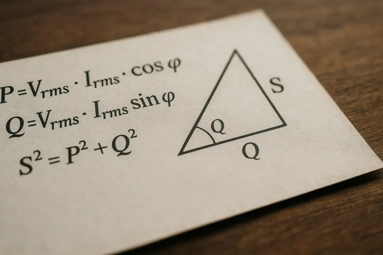 Formuły elektryczne: P=Vrms·Irms·cos φ, Q=Vrms·Irms·sin φ, S²=P²+Q². Trójkąt z oznaczeniami P, Q, S. Moc pozorna S.
