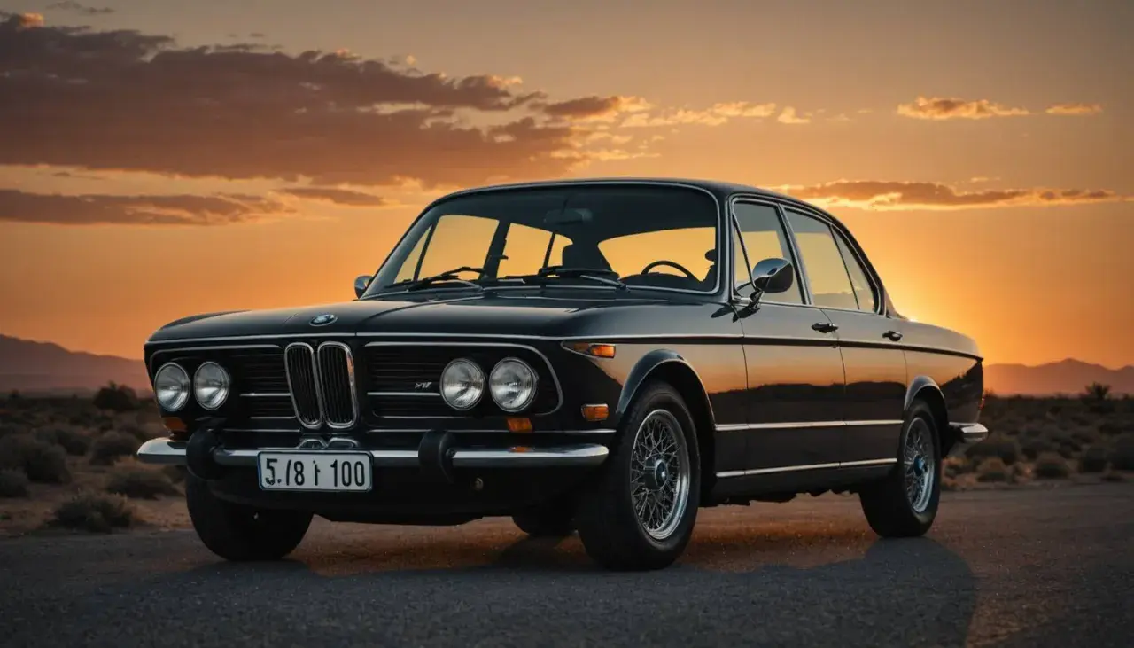 En klassisk svart BMW 2002 står parkerad mot en dramatisk solnedgång. En tidlös skönhet bland BMW-modeller genom tiderna.