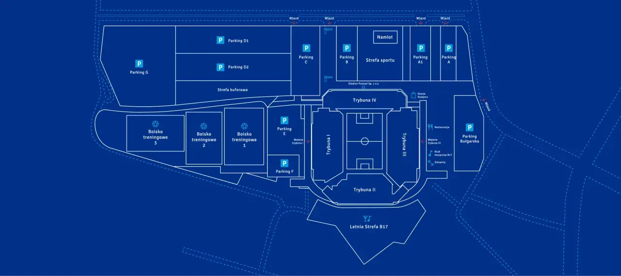 Schemat Enea Stadion Poznań: boiska treningowe, parkingi (A, A1, B, C, D1, D2, E, F, G, Bułgarska), trybuny, restauracja, klub muzyczny.