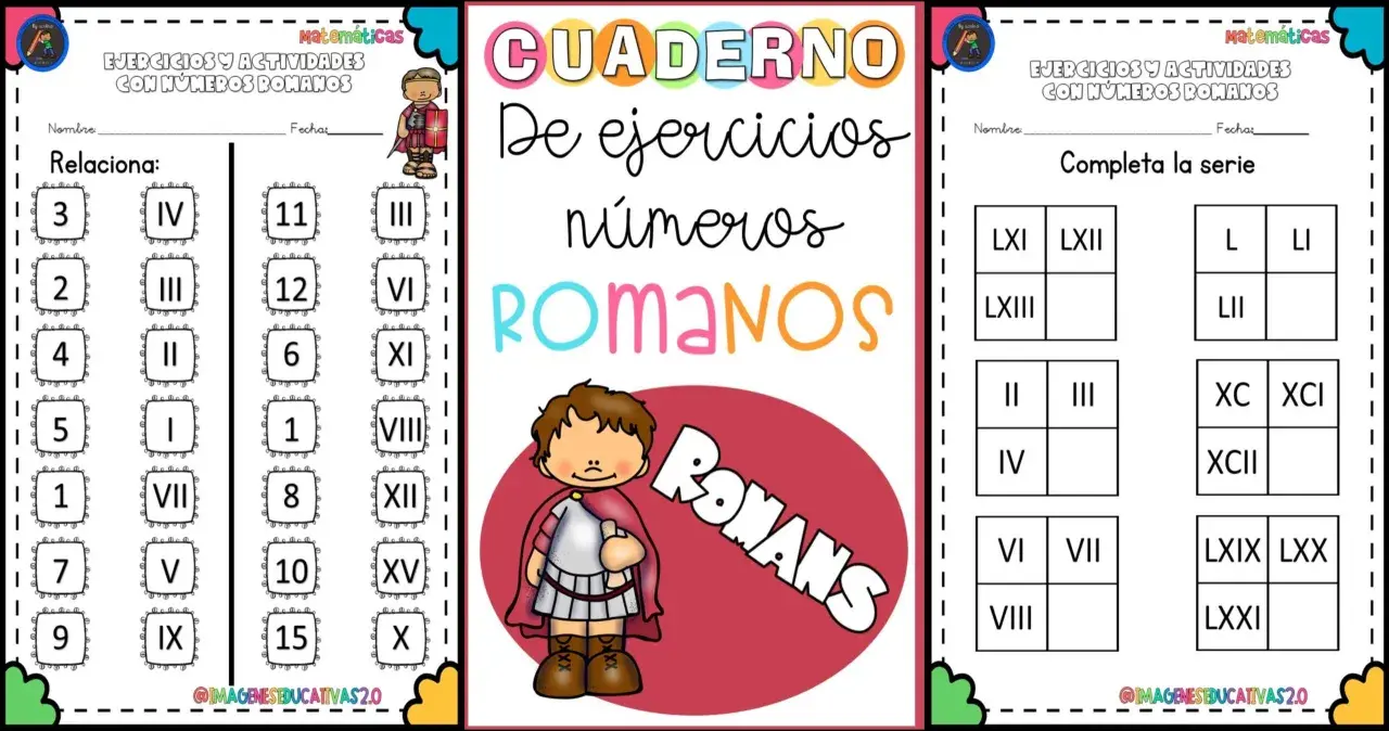 Hoja de ejercicios para practicar fichas de números romanos, con actividades de relacionar y completar series.