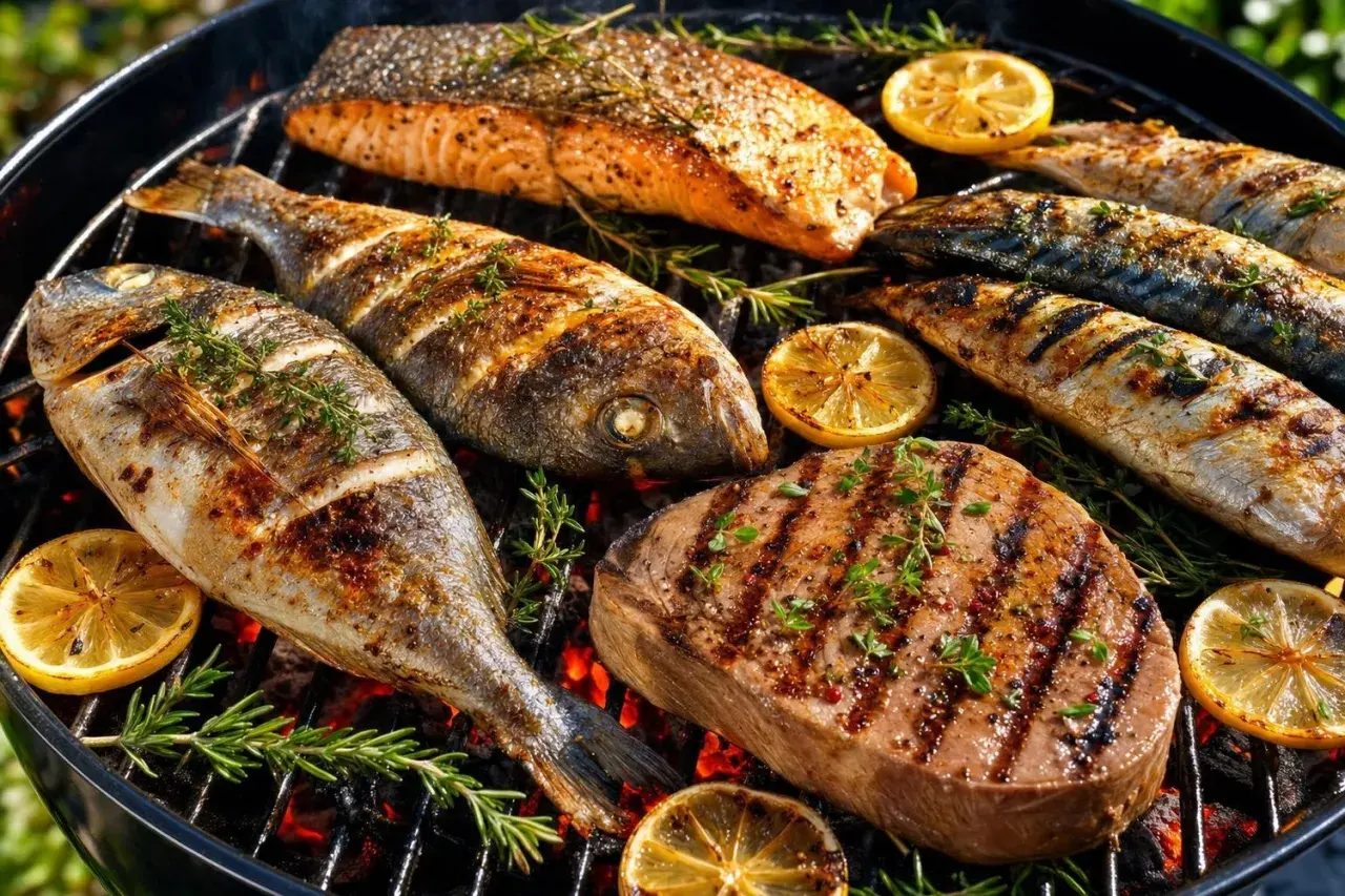 Dorades, saumon et steak grillés avec citrons et herbes. Parfait pour une recette marinade pour dorade au barbecue.