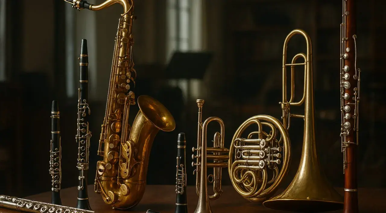 Un'orchestra di strumenti a fiato: sassofono, clarinetti, tromba, corno francese e oboe. Conoscere i loro nomi è il primo passo per creare musica.