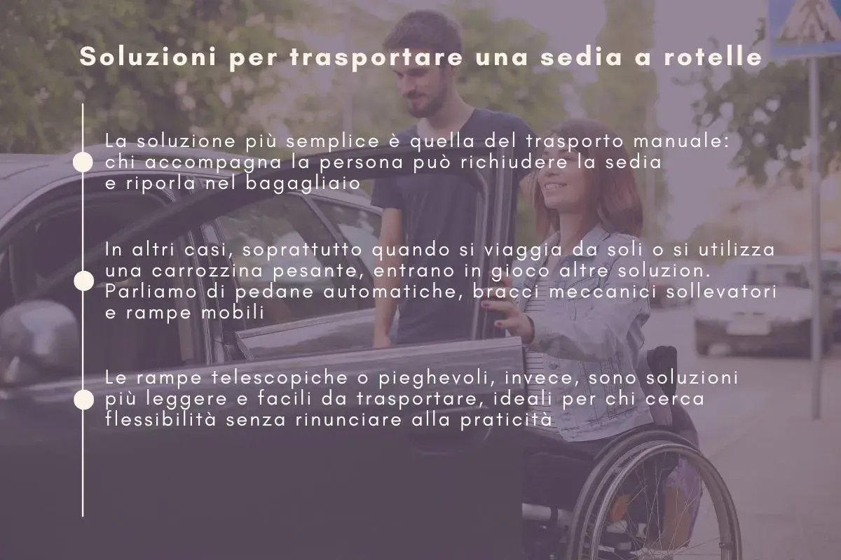 Soluzioni per trasportare una sedia a rotelle: da manuale a rampe telescopiche, per ogni esigenza di carico.
