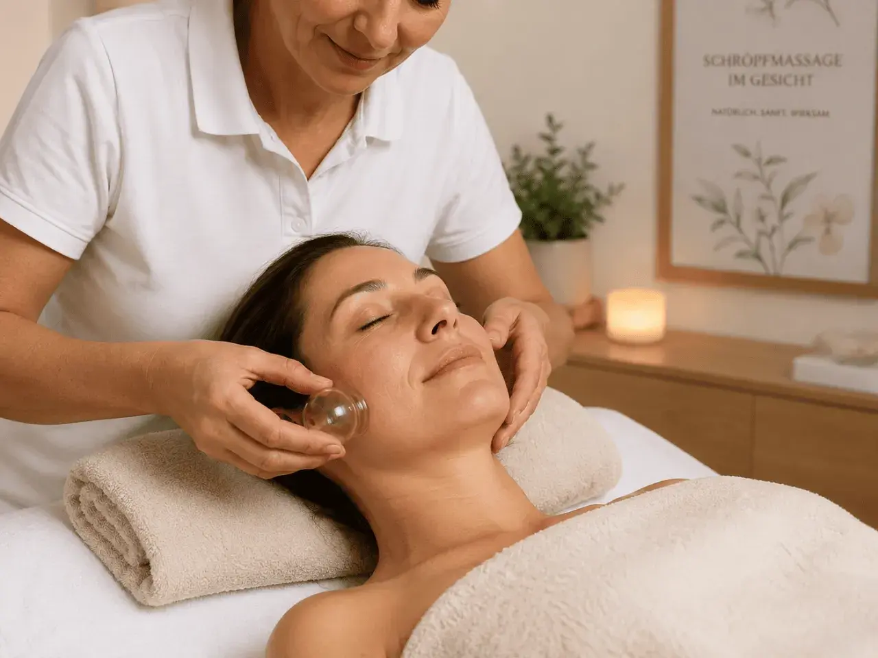 Eine Frau erhält eine entspannende Gesichtsmassage mit Schröpfgläsern. Die Therapeutin wendet die Gläser sanft auf der Haut an.