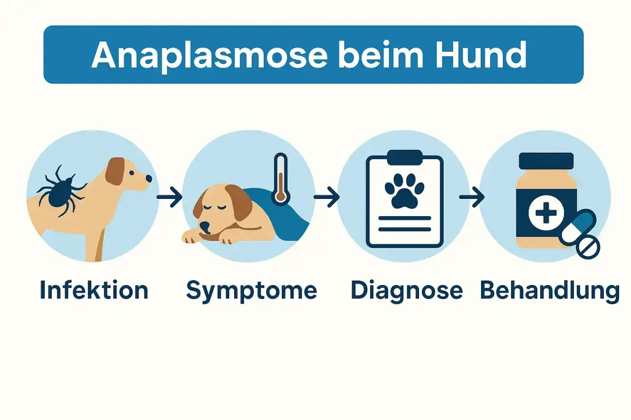 Illustration zeigt den Verlauf von Anaplasmose beim Hund: Zeckenbiss (Infektion), kranker Hund mit Fieber (Symptome), Diagnose auf einem Klemmbrett und Medikamente (Behandlung).