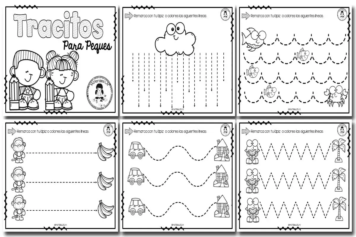 Hojas de dibujos para repasar con trazos de lluvia, peces, monos, coches y palmeras. ¡Perfecto para practicar la motricidad fina!