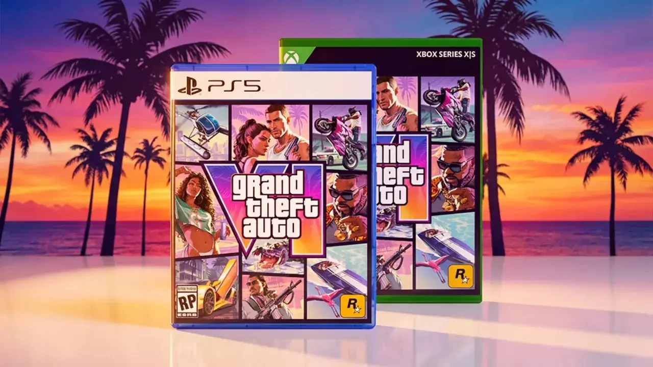 PS5 und Xbox Series X|S Hüllen für GTA 6 vor einem tropischen Sonnenuntergang. Palmen säumen die Küste, während das Spiel Cover Action verspricht.
