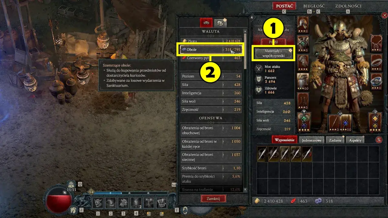 Diablo 4: 318/795 obole, waluta do kupowania kuriozów i przedmiotów.