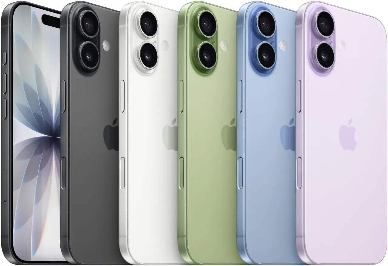 Rząd kolorowych iPhone'ów, od czarnego po różowy. Zastanawiasz się nad iphone 16 wymiary?