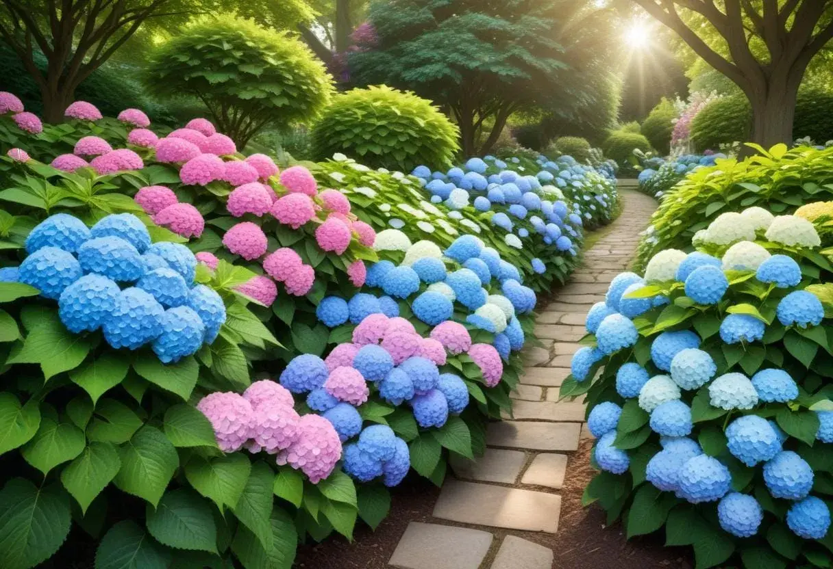 En vacker trädgårdsgång kantad av fluffiga hydrangea paniculata i rosa och blått. Solen strålar genom träden.
