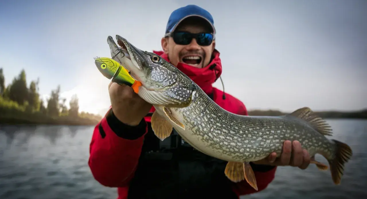 Glücklicher Angler hält stolz einen 1 Meter Hecht, der an einem bunten Köder hängt.