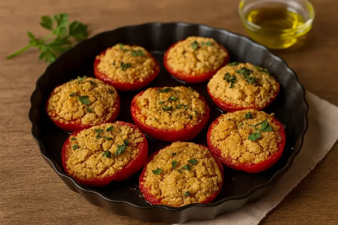 Pomodori al forno alla pugliese, ripieni e dorati, pronti per essere gustati.
