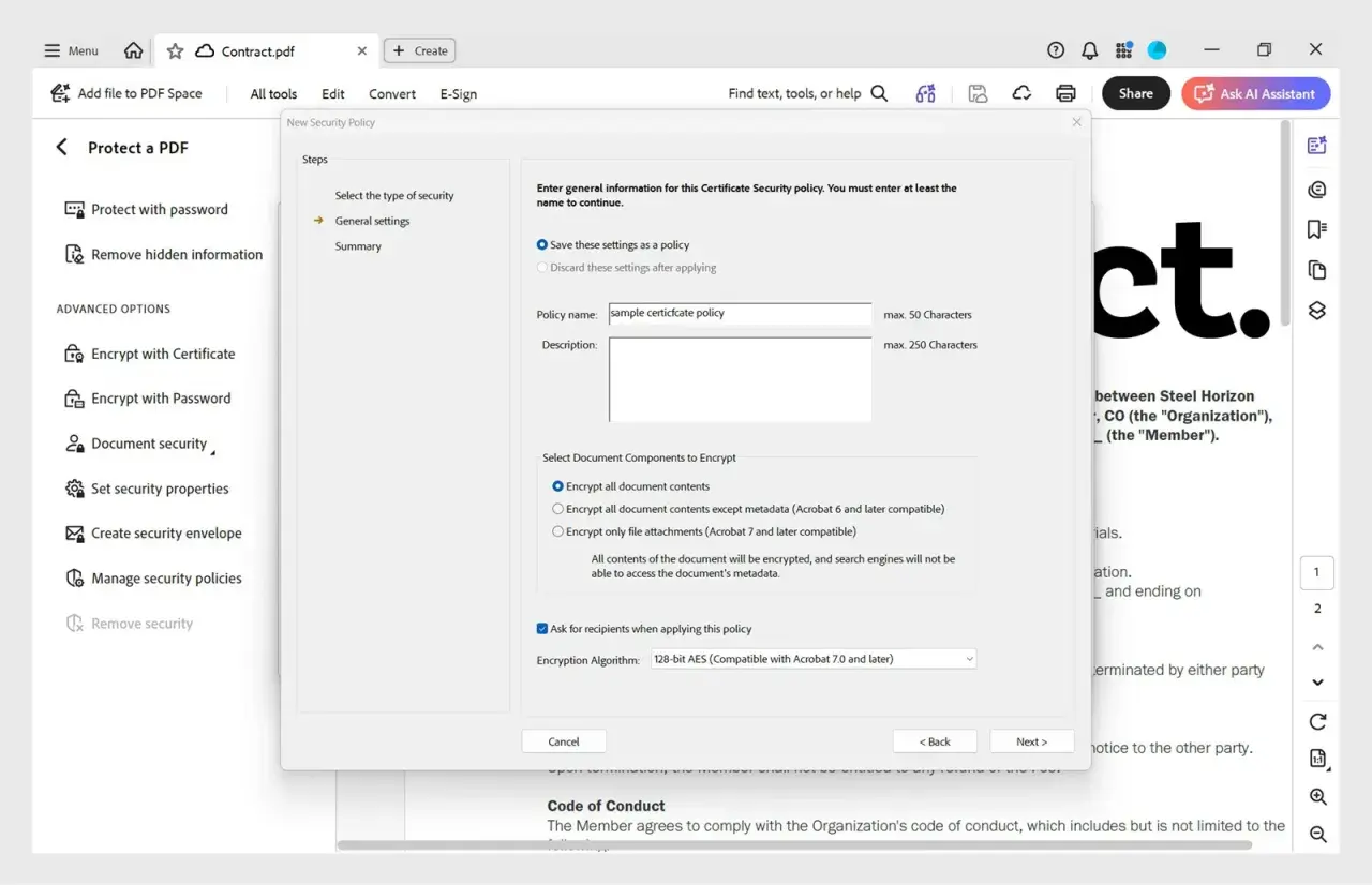 Configurando una política de seguridad para un **adobe certificado digital**. Se ingresa el nombre de la política y se seleccionan los componentes a cifrar.