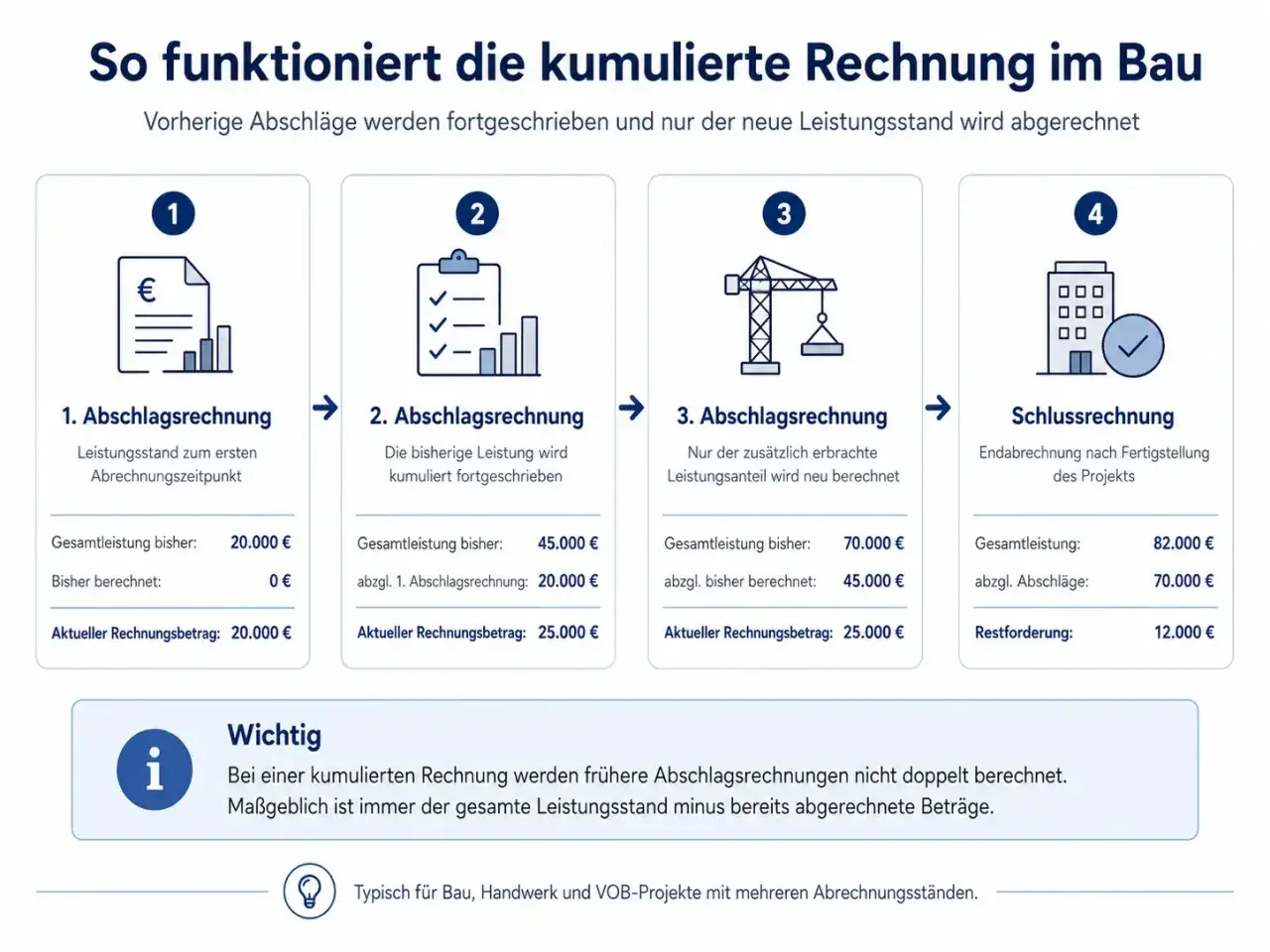 Schema erklärt kumulierte Rechnung im Bau: 4 Schritte von Abschlagsrechnungen bis zur Schlussrechnung, wobei frühere Beträge angerechnet werden.
