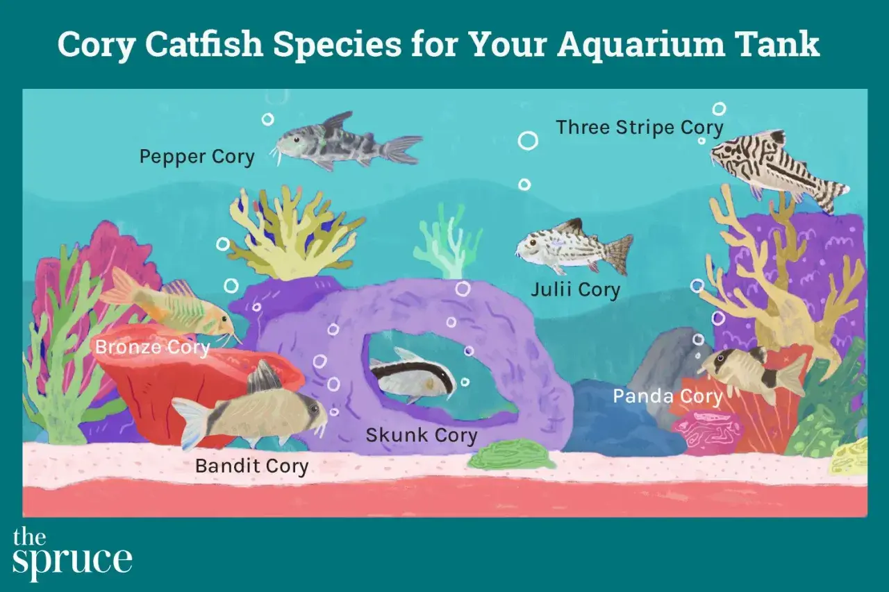 Ilustración de varios tipos de Corydoras en un acuario: Pepper, Bronze, Bandit, Skunk, Julii, Panda y Three Stripe Cory.