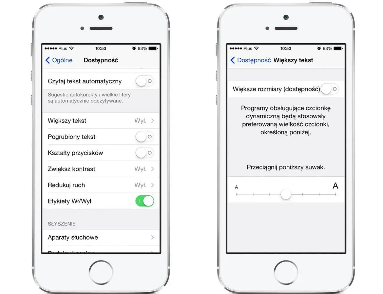 Jak zmienić czcionkę w iPhone: w Ustawieniach > Dostępność > Wyświetlacz i rozmiar tekstu > Większy tekst, dostosuj suwak.