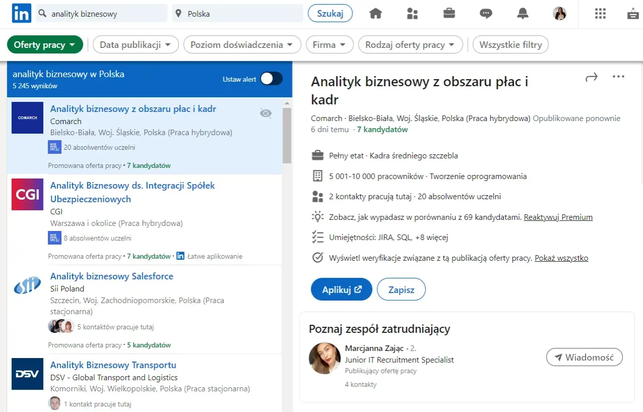 Szukasz pracy jako analityk biznesowy? LinkedIn to platforma, gdzie znajdziesz oferty pracy, np. analityk biznesowy z obszaru płac i kadr.