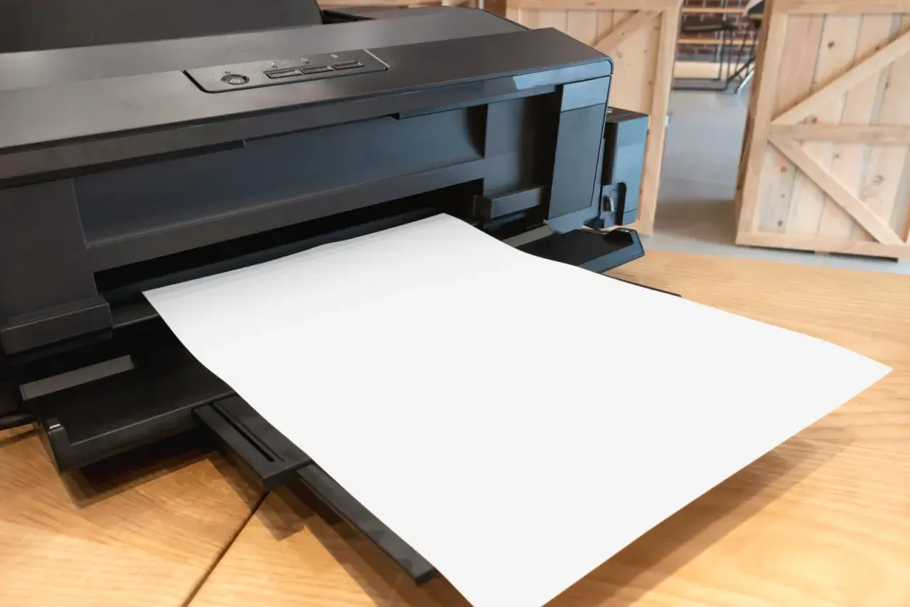 Czarna drukarka z pustą kartką papieru wysuniętą z podajnika.