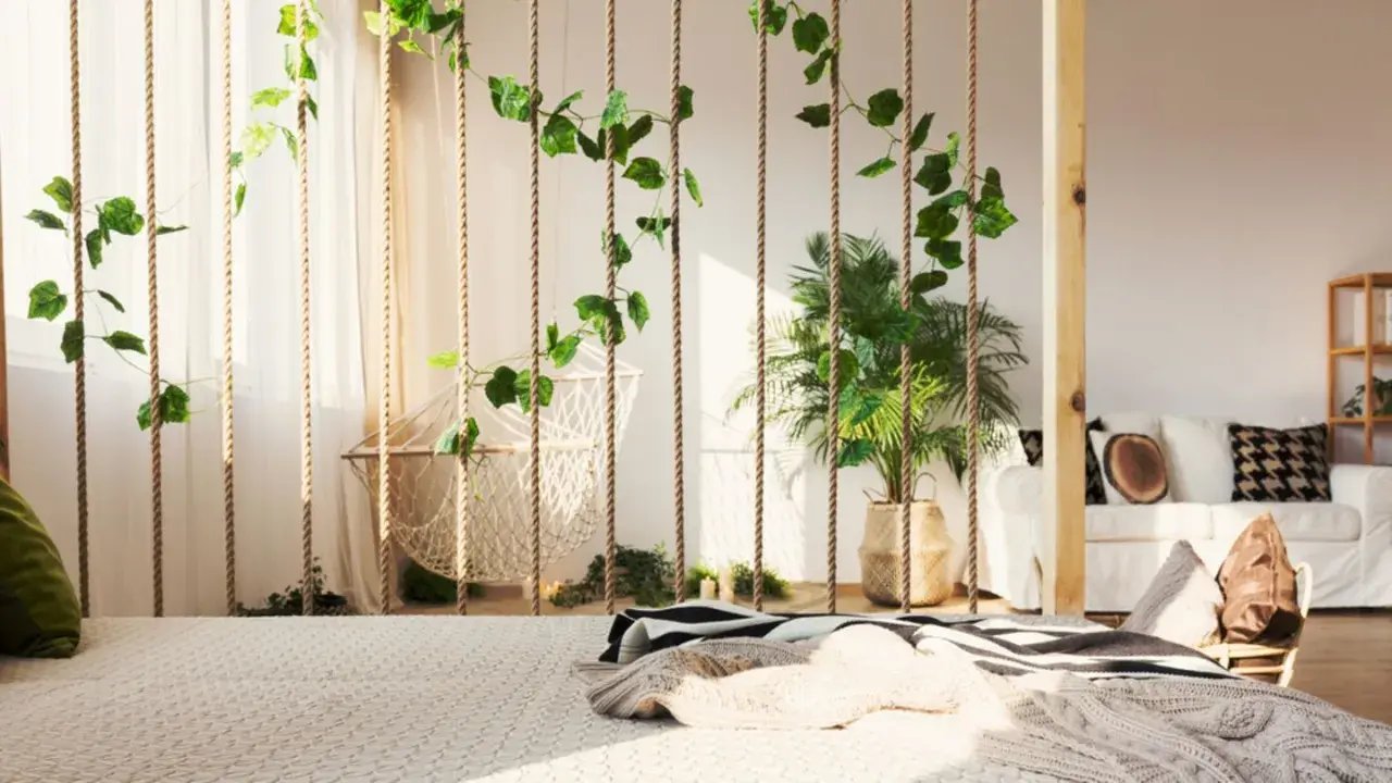 Grüne Ranken zieren Seile, die als Raumteiler Ideen zum Selbermachen dienen. Ein Hängesessel und Pflanzen schaffen Boho-Flair.