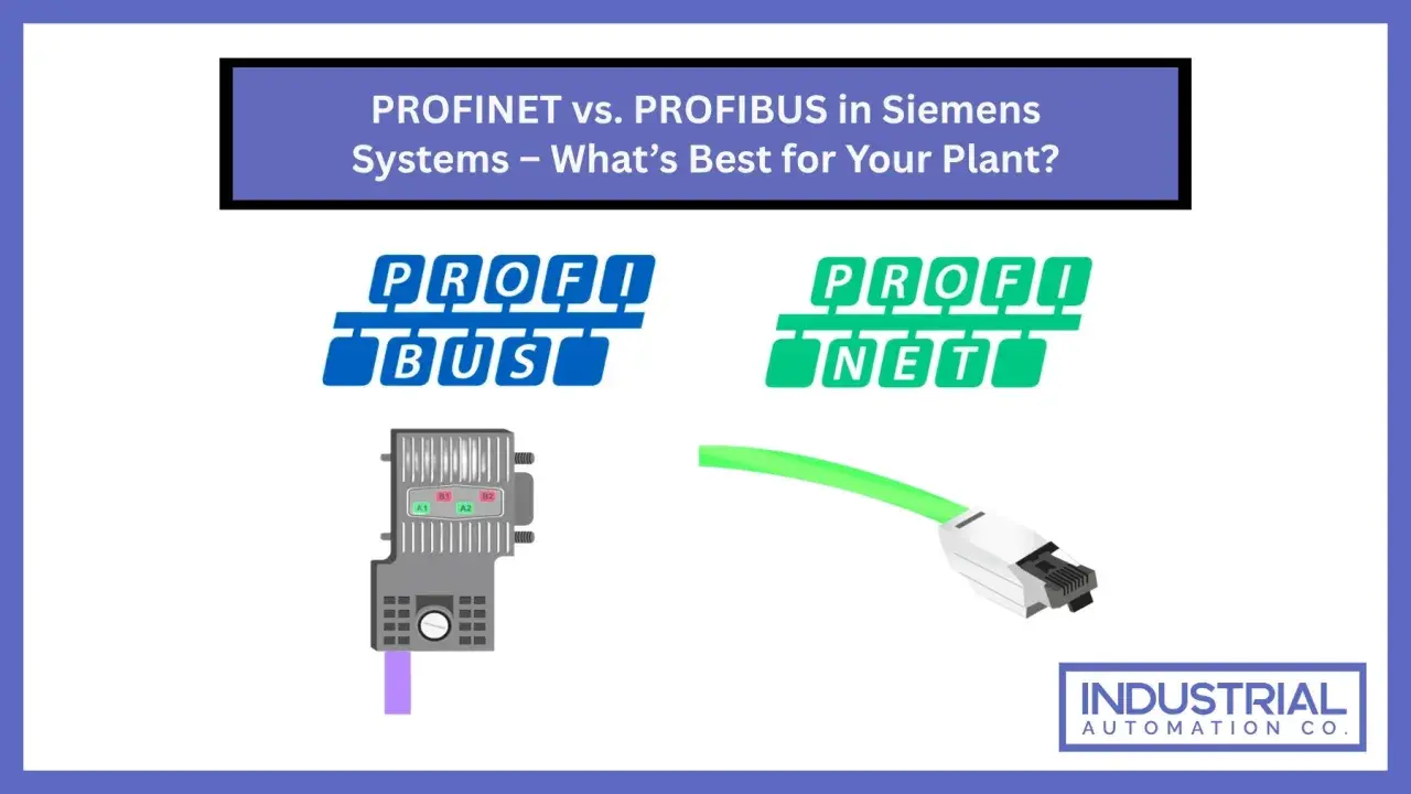 Porównanie PROFINET i PROFIBUS w systemach Siemens. Widoczne logo PROFIBUS z modułem, obok PROFINET z kablem Ethernet.