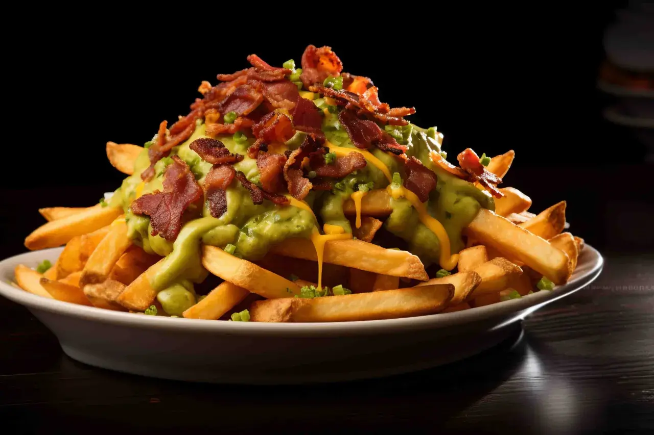 En hög med pommes frites toppad med krämig avokadosås, ost och knaprigt bacon. Dessa "dirty fries" ser otroligt goda ut!