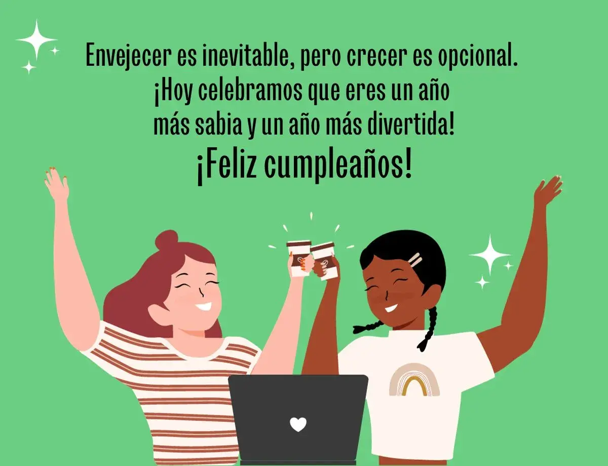 Dos amigas brindan con café para felicitar a una amiga por su cumpleaños. ¡Feliz cumpleaños!