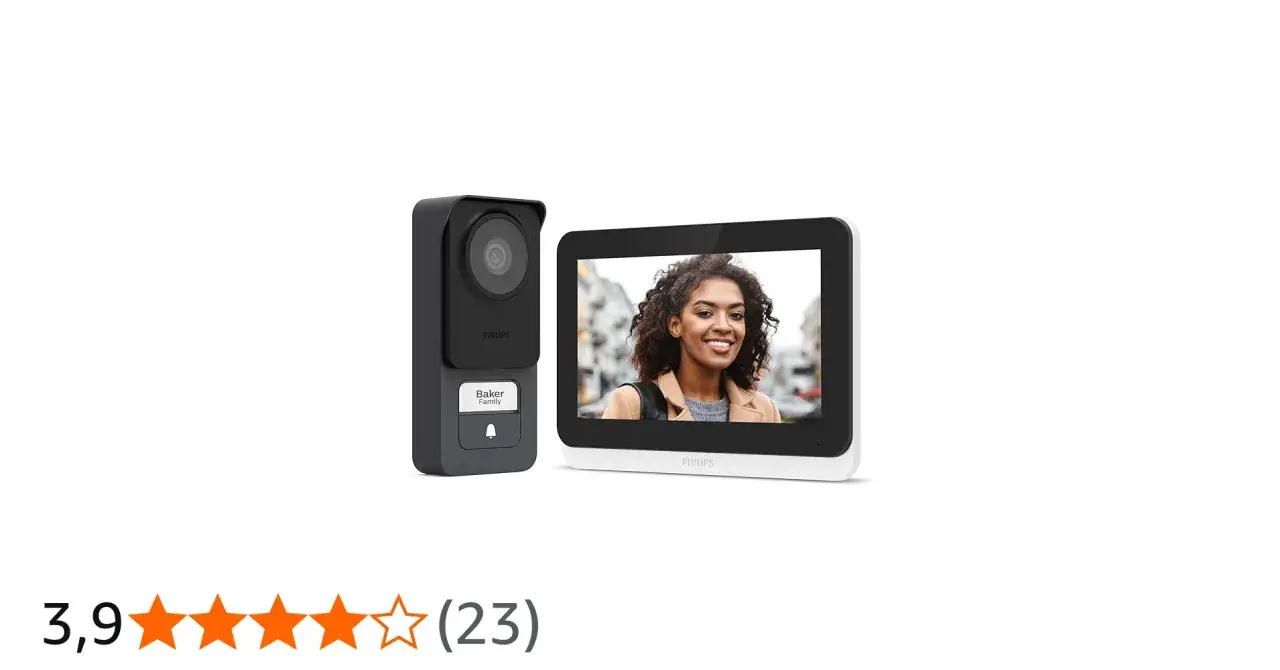 Le Philips WelcomeEye Connect 3 : une sonnette vidéo avec écran affiche une femme souriante.