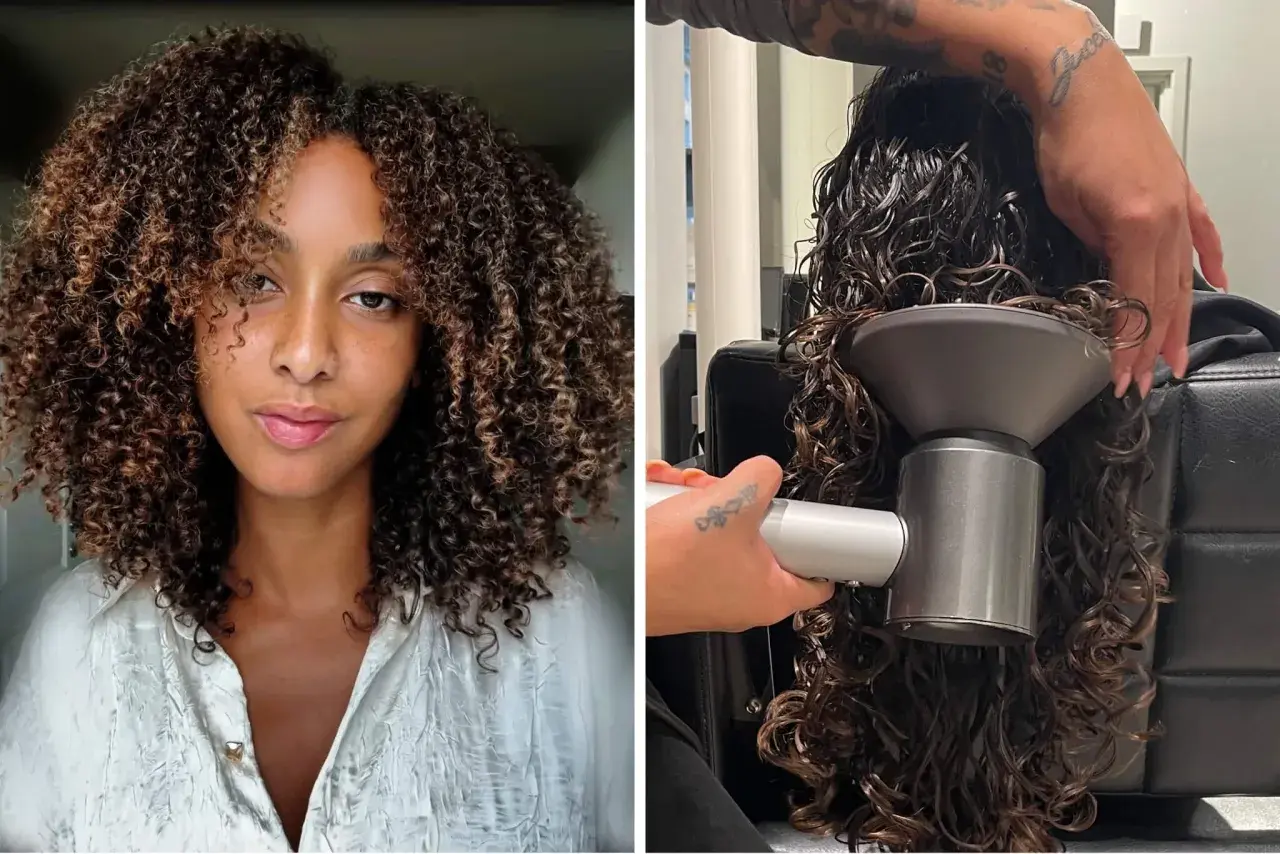 Vänster: kvinna med vackert, tovigt hår. Höger: hårstylist använder diffuser på vått, lockigt hår.