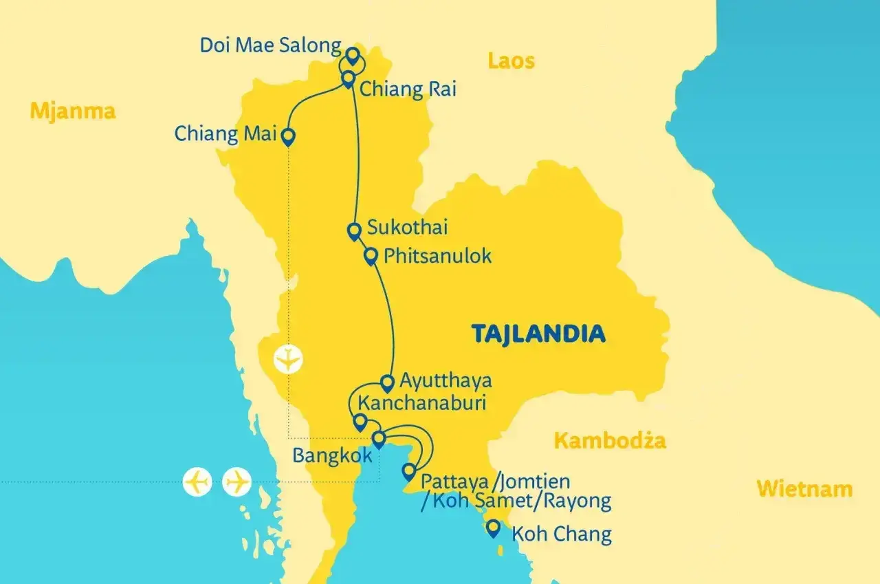 Mapa Tajlandii z zaznaczonymi miastami i trasą. Zastanawiasz się, ile się leci do Tajlandii z Warszawy? Ta mapa pokazuje popularne miejsca podróży.