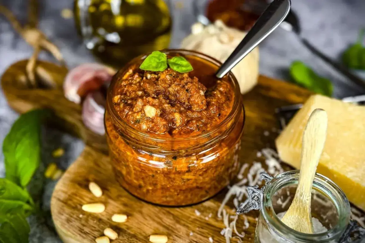 Ein Glas mit leuchtend rotem Pesto, garniert mit Basilikum. Daneben liegen Pinienkerne, Knoblauch und ein Stück Parmesan.