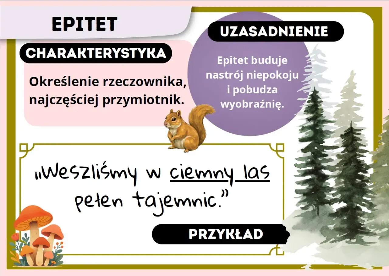 Co to epitet? Określenie rzeczownika, np. "ciemny las". Buduje nastrój i pobudza wyobraźnię.