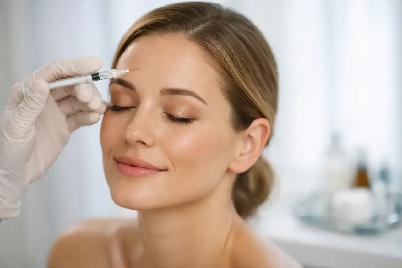 En kvinna får baby botox i pannan. Hon ler avslappnat medan en hand i handske försiktigt injicerar.