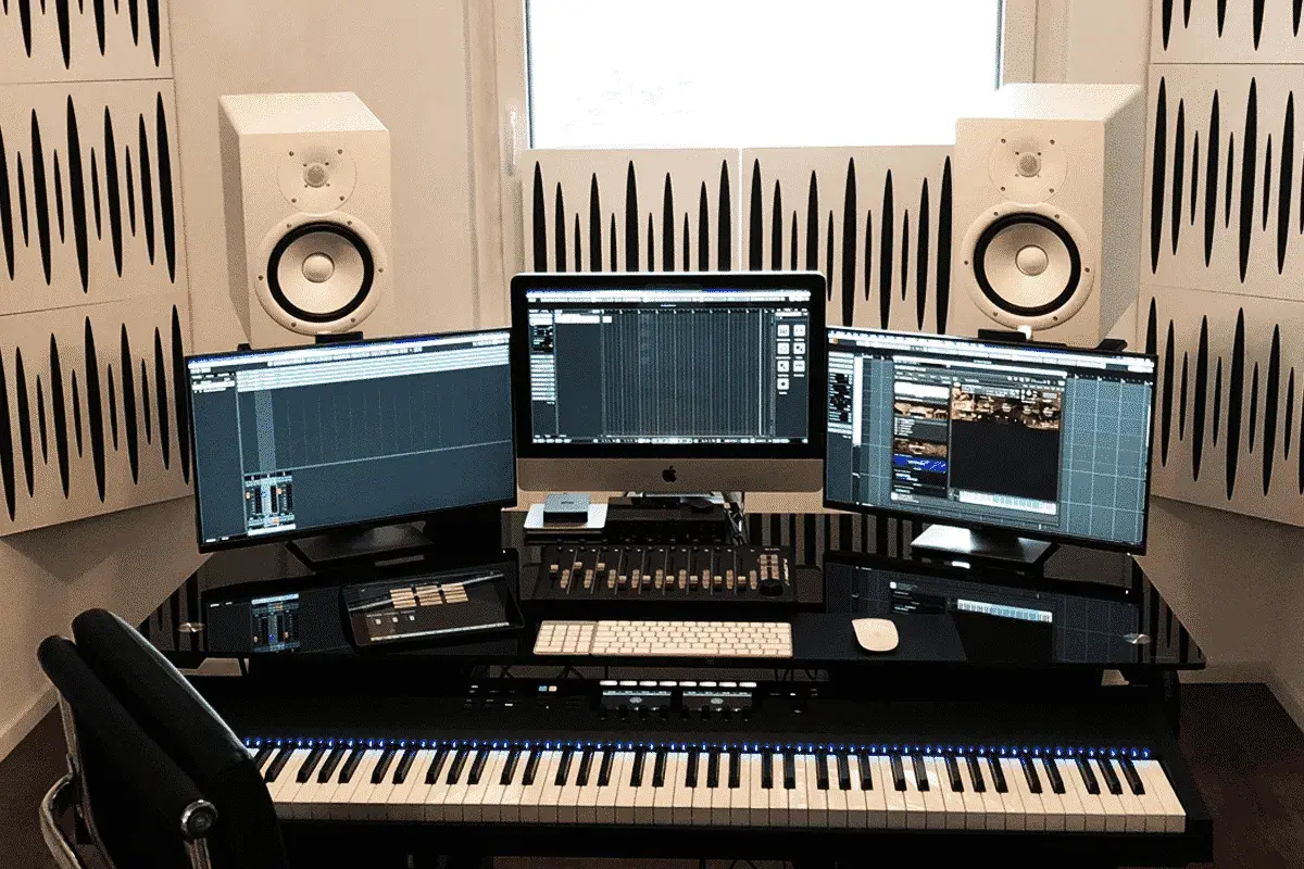 Configuration home studio avec trois écrans, enceintes, clavier maître et console de mixage.