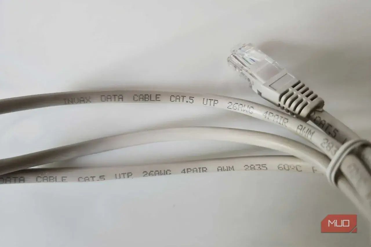 Two gray data cables, one with an RJ45 connector, highlight the difference between ethernet and phone cable.