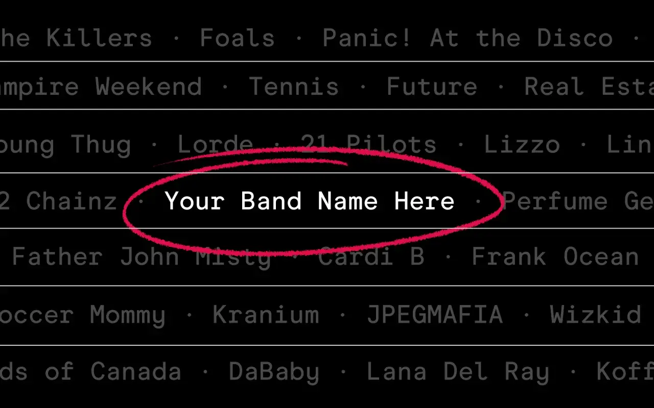 A list of band names, with "Your Band Name Here" circled in red, suggesting a band name search.