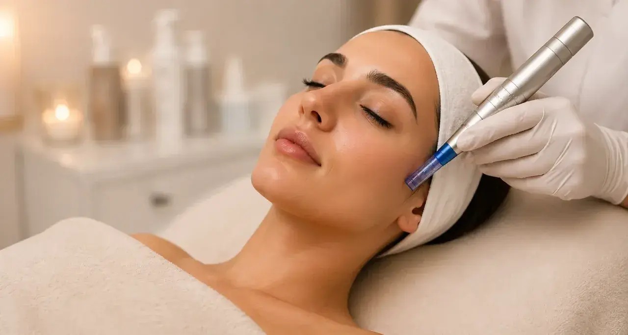 En kvinna får en microneedling-behandling för medicinsk hudvård. En hand med vit handske håller en penna som förs över hennes kind.