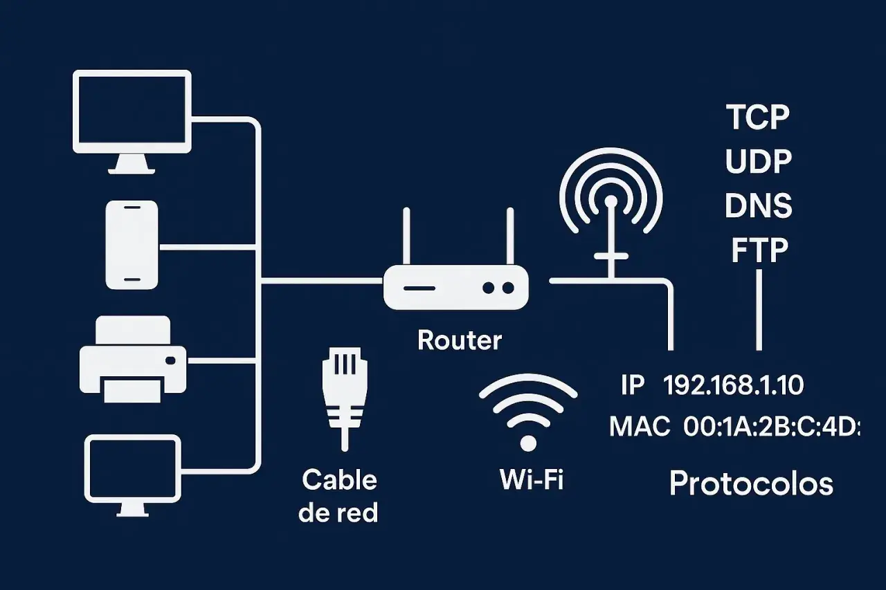 Diagrama de una red local (poe lan) con router, cable de red, Wi-Fi, y dispositivos conectados. Muestra protocolos y datos de IP.