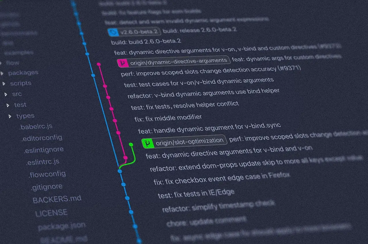Visualisation d'un historique Git, montrant des branches et des commits. On y voit des fichiers comme `package.json` et des messages de commit, dont un mentionnant `node fs`.
