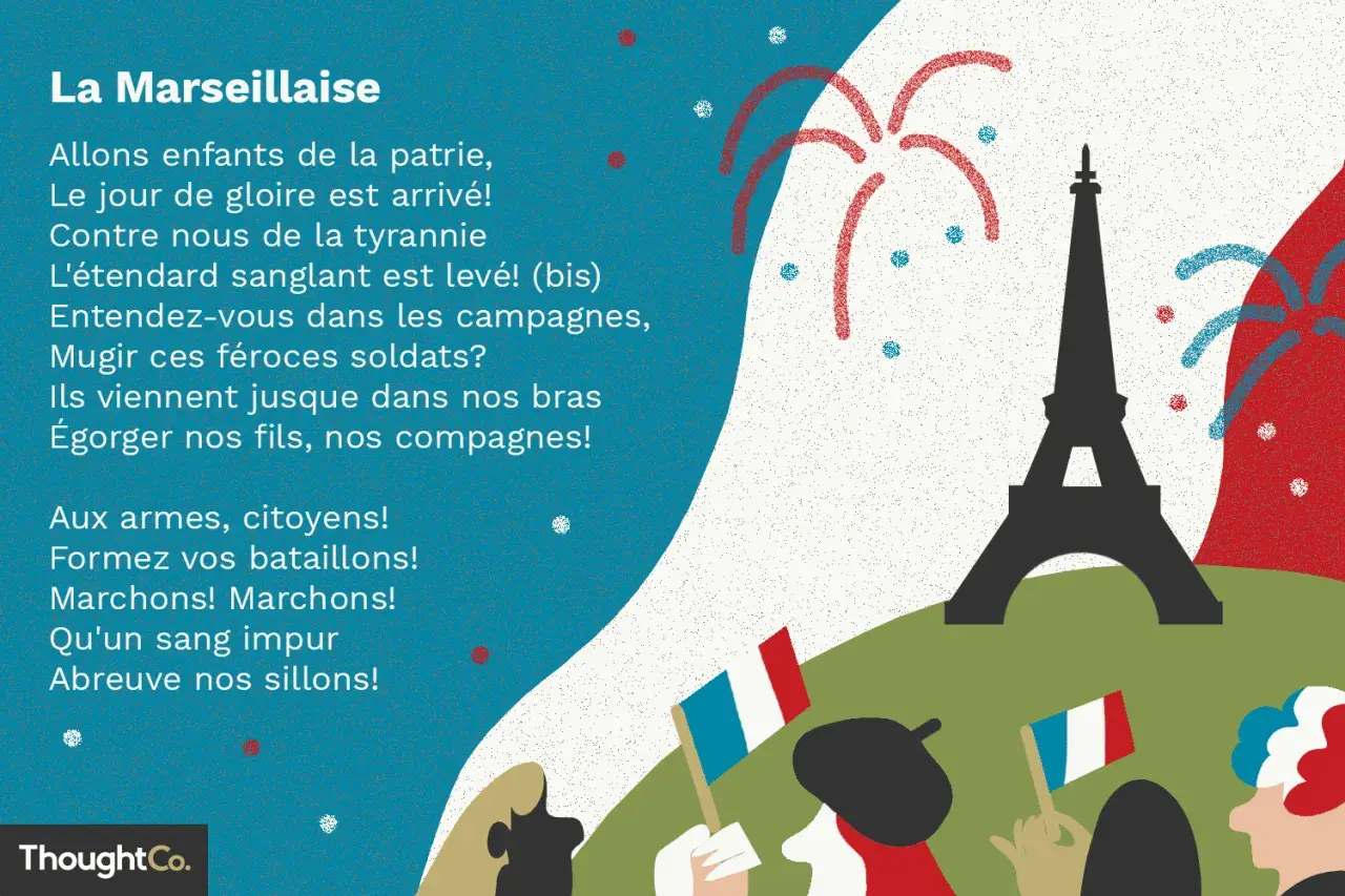 Wieża Eiffla, sztuczne ognie i tekst "La Marseillaise" na tle flagi Francji.