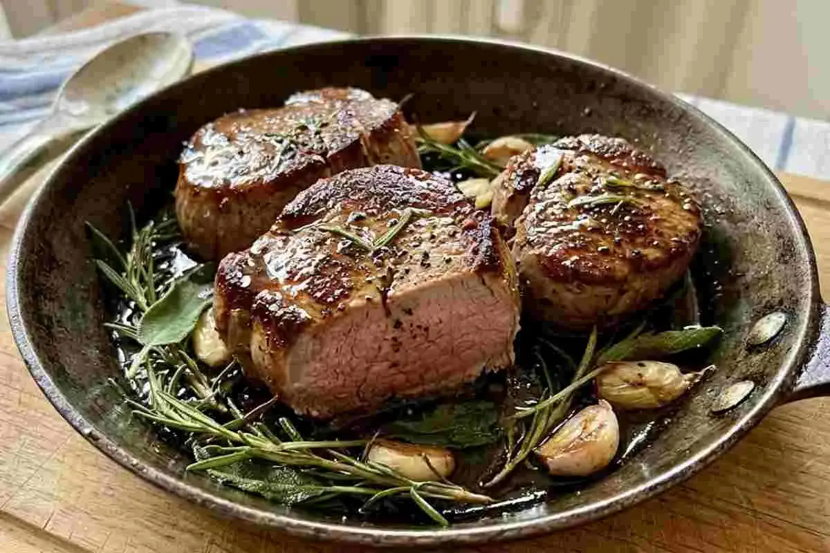 Tre succulenti medaglioni di filetto di maiale in padella morbido, cotti con aglio e rosmarino, emanano un profumo invitante.