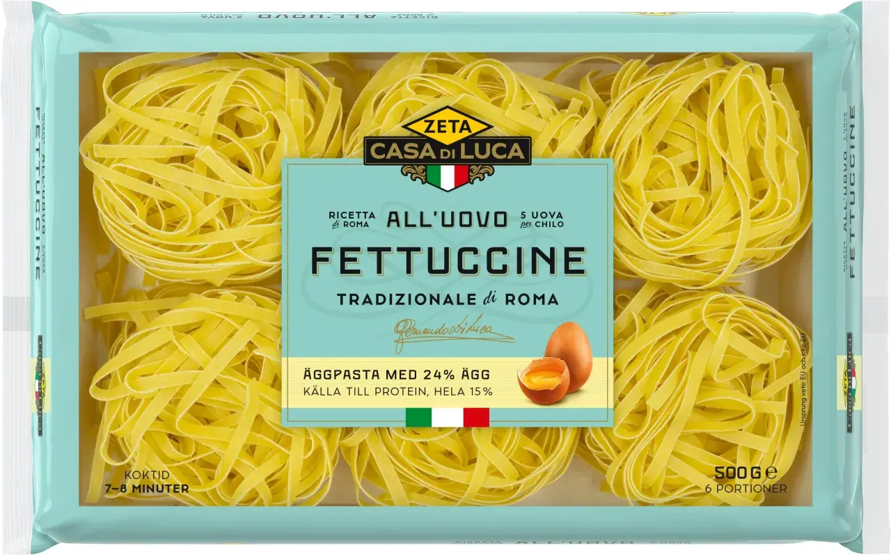 Zeta Casa di Luca Fettuccine, ett klassiskt fettuccine recept med 24% ägg. Perfekt för en proteinrik måltid.