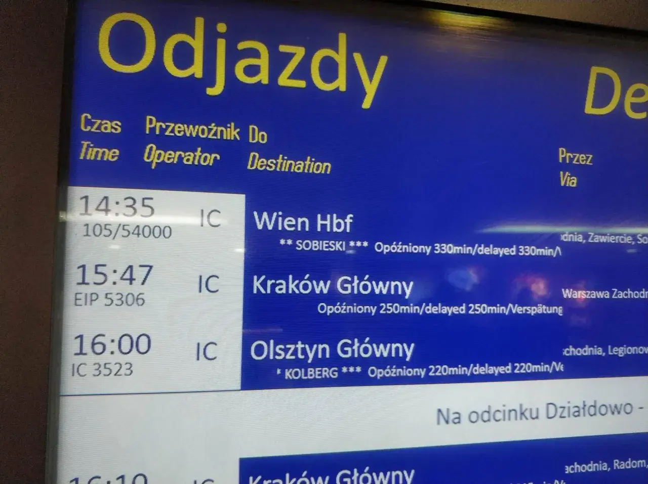Tablica odjazdów PKP Intercity z godzinami, trasami i informacjami o opóźnieniach.
