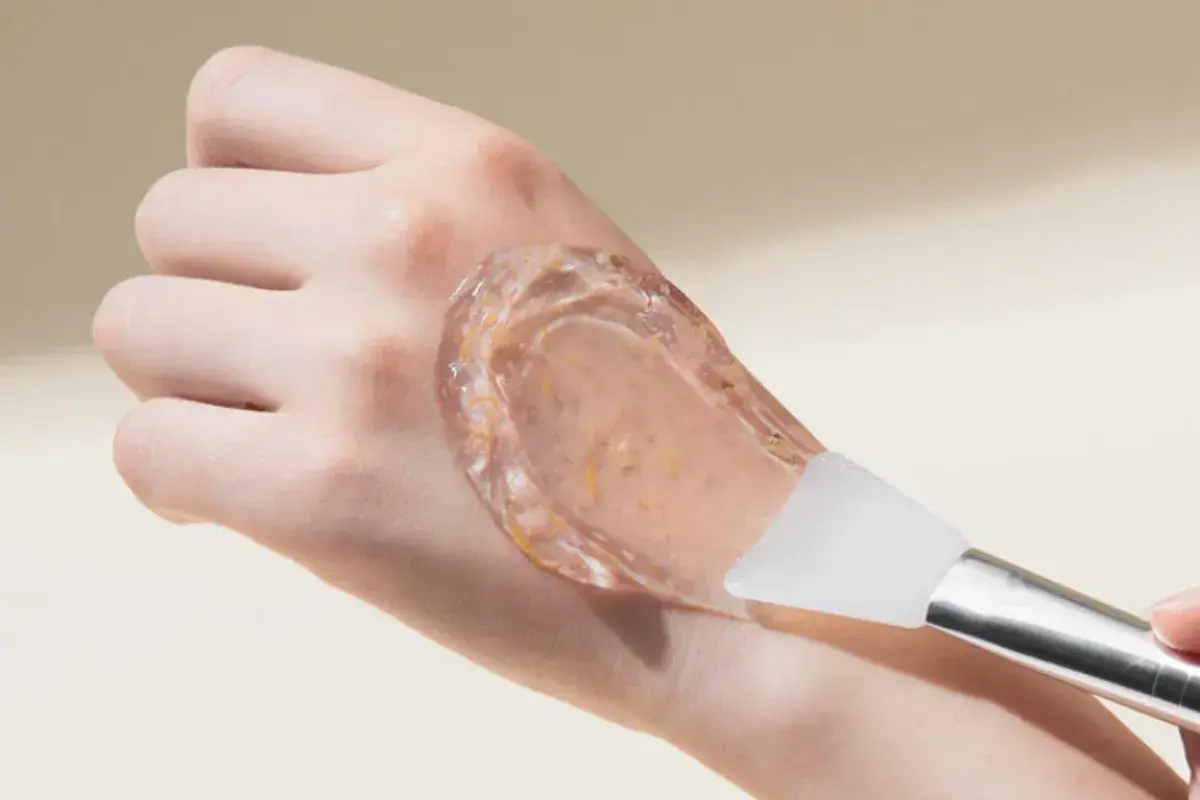 En hand med en genomskinlig gel med små partiklar, appliceras med en spatel. Inga kända peptider biverkningar med denna produkt.
