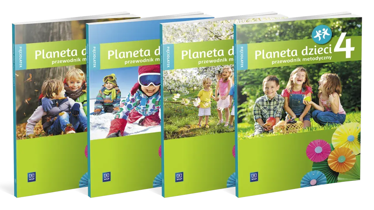 Cztery okładki książek "Planeta dzieci" z wesołymi dziećmi w różnym wieku, w tym dziecko 5 lat, bawiącymi się na tle przyrody.