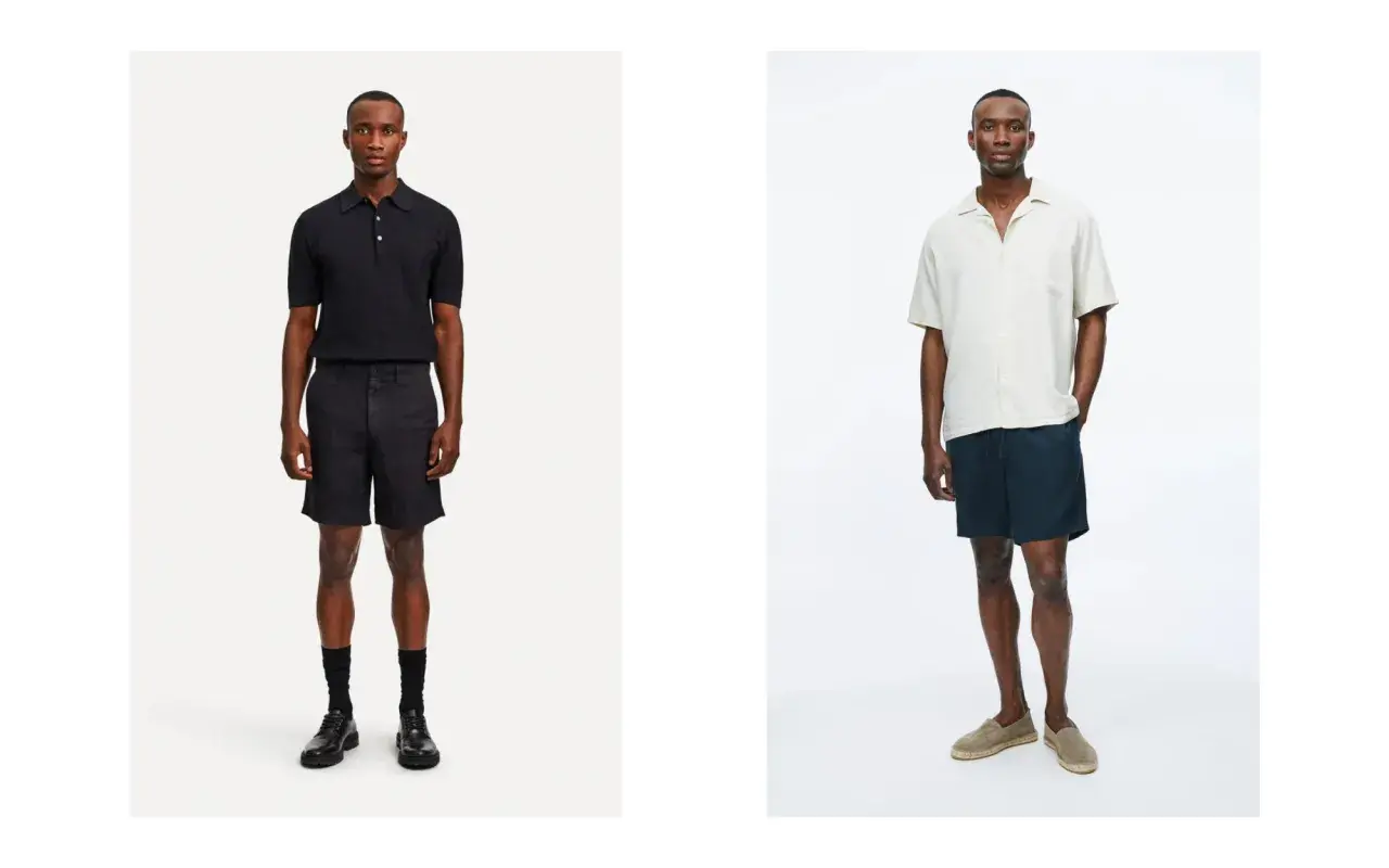 Deux looks pour savoir que mettre avec un short noir homme : polo noir et chaussures habillées, ou chemise claire et espadrilles.