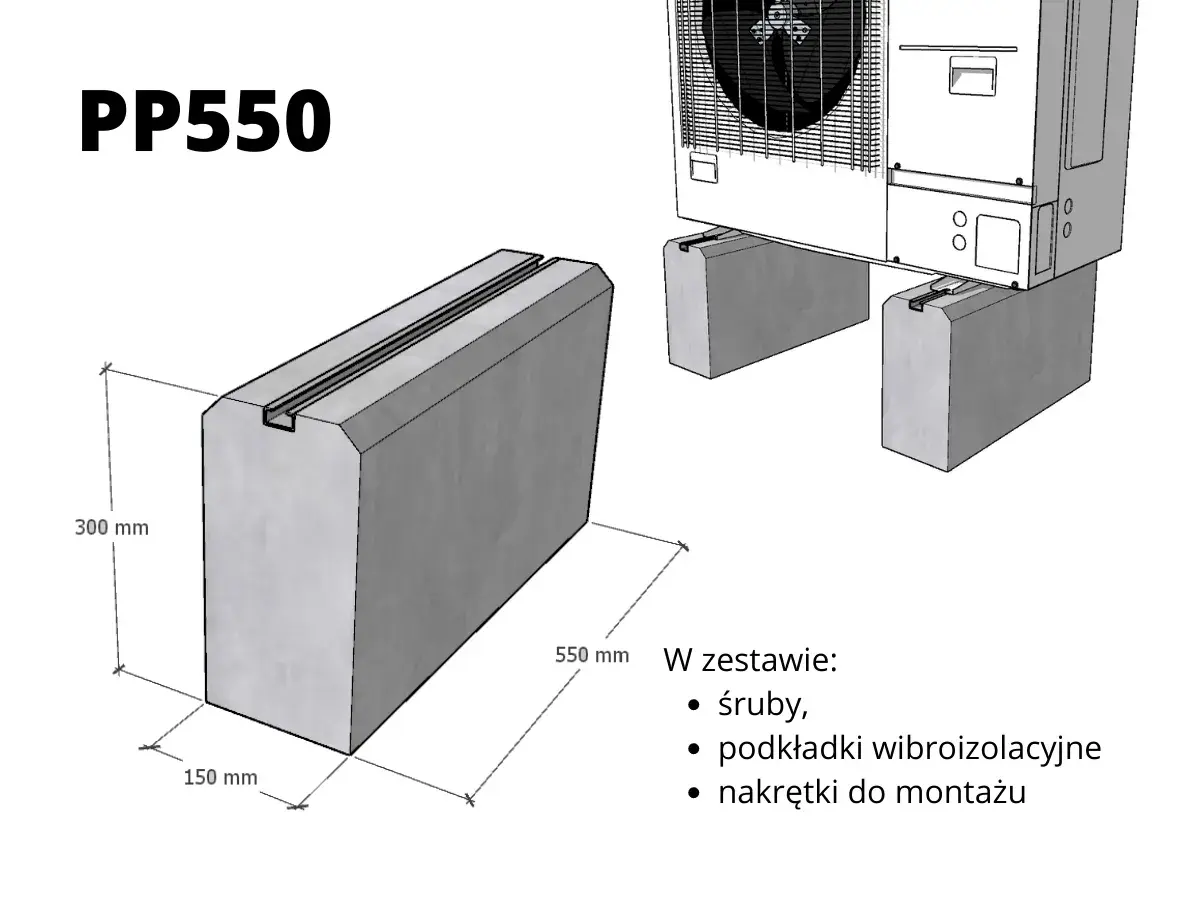 Solidny fundament pod pompę ciepła PP550, wymiary 550x150x300 mm, z rowkiem do montażu. W zestawie śruby, podkładki i nakrętki.
