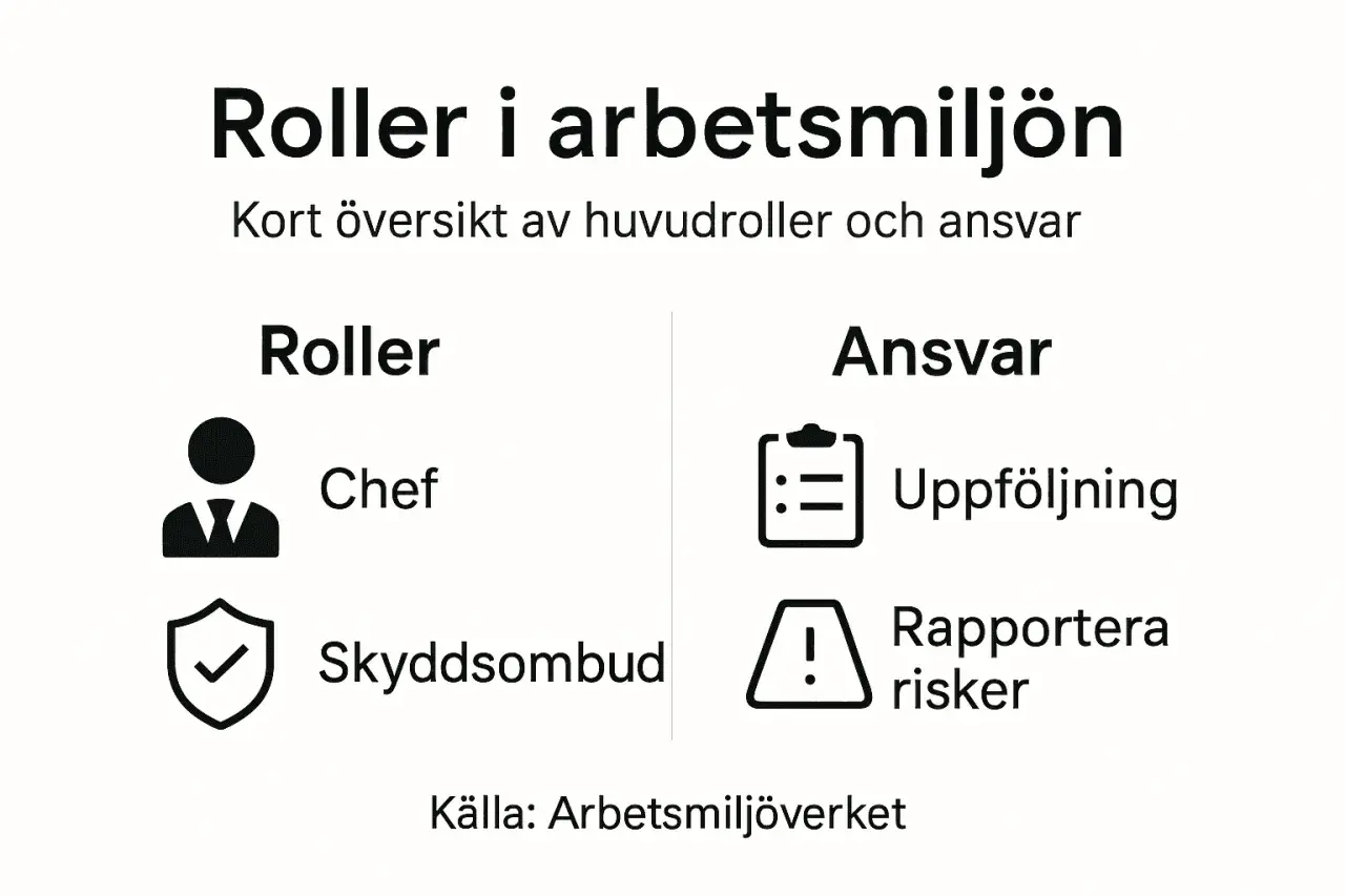 Översikt av roller i arbetsmiljön: Chef och skyddsombud. Kan en chef vara skyddsombud? Ja, bilden visar att båda rollerna finns.